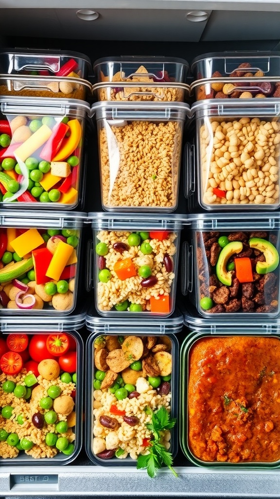 An array of vegan freezer meals in colorful containers, filled with vegetables, grains, and legumes.